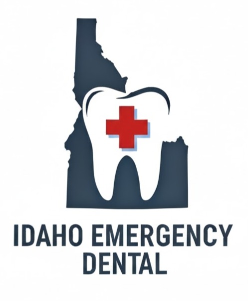 Idaho Emergency Dental logo featuring Idaho state silhouette with a tooth and red cross
